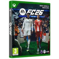 EA Sports FC 26 Xbox Series X game case with soccer players on cover, green Xbox branding, and age rating label.