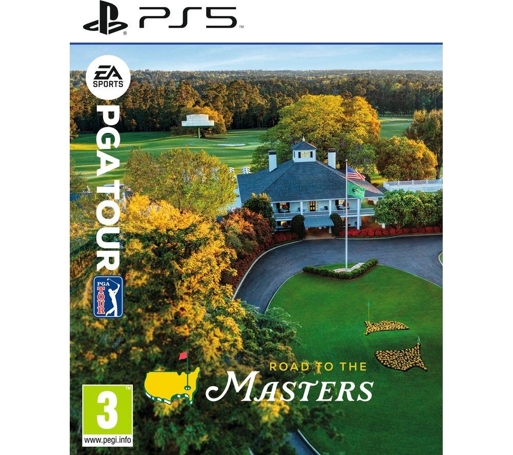 EA Sports PGA Tour Golf 23 for PS5 features a vibrant cover with a scenic golf course, a classic clubhouse, and autumn foliage, highlighted by the "Road to the Masters" tagline.