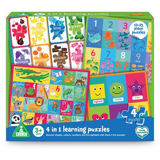 Colorful box containing four 12-25 piece puzzles featuring animals, shapes, colors, and numbers, designed for early learning, with vibrant illustrations and a sturdy cardboard material.