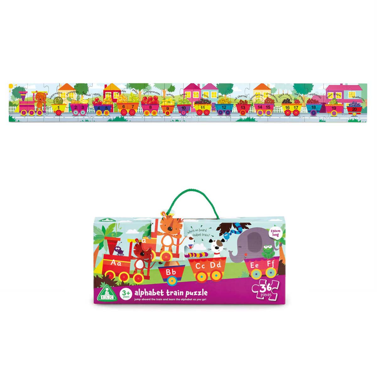 Colorful 36-piece jigsaw puzzle featuring a train with animals and letters, set against a vibrant jungle backdrop, packaged in a sturdy box with a handle.