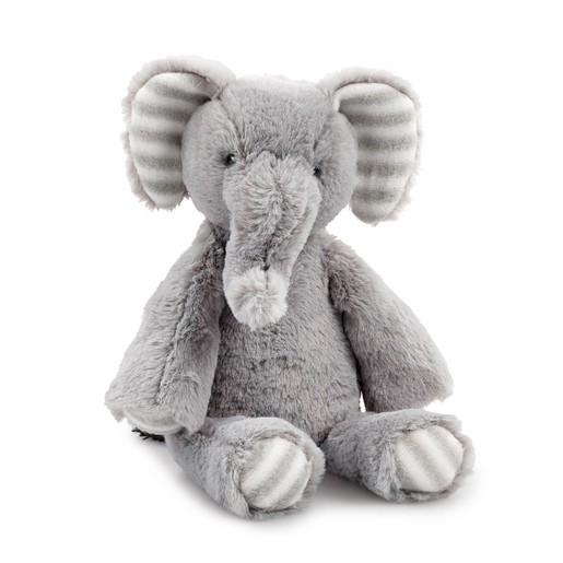 Gray plush elephant soft toy with striped ears and a soft, fuzzy body, featuring a gentle expression and a cuddly design, perfect for early learning and play.