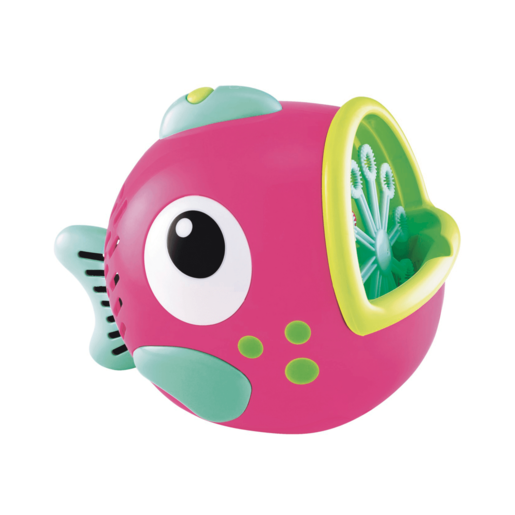 Bright pink bubble machine shaped like a fish, featuring a large eye, green fins, and a yellow bubble dispenser at the mouth, designed for early learning play.