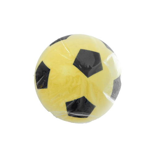 Bright yellow foam ball with black pentagon patterns, soft and lightweight, ideal for early learning play, packaged in clear plastic.