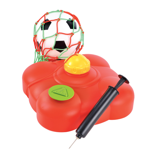 Bright red football launcher with a yellow button, green base, and a white soccer ball with black patches, accompanied by a black pump for inflation.