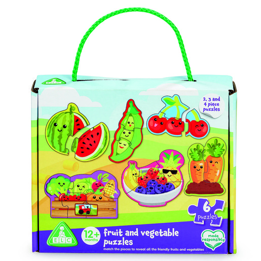 Colorful jigsaw puzzles featuring fruits and vegetables, including watermelon, cherries, and carrots, packaged in a sturdy box with a green handle, suitable for children 12 months and older.