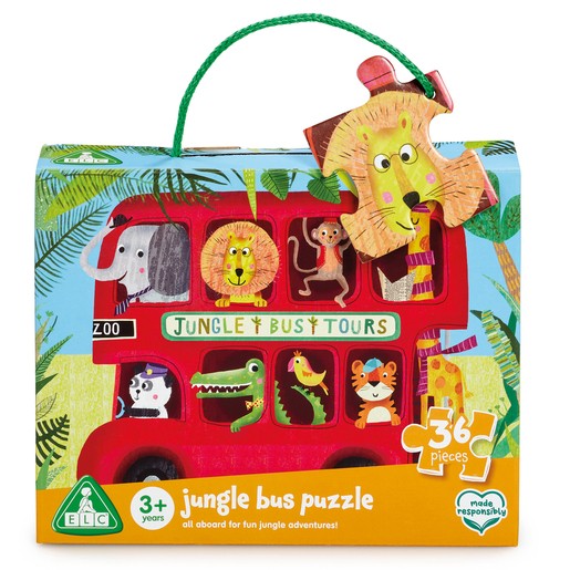 Bright red bus-shaped puzzle box featuring jungle animals like a lion, elephant, and monkey, with a green handle and colorful illustrations, containing 36 jigsaw pieces.