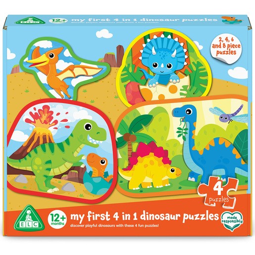Colorful 4-in-1 dinosaur puzzles featuring friendly characters, including a T-Rex and a triceratops, made from durable material, suitable for children 12 months and older.
