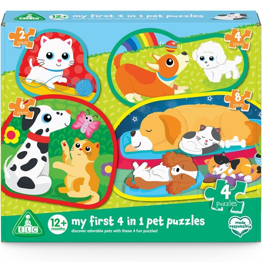 Colorful puzzle box featuring four pet-themed puzzles with images of a cat, dog, corgi, and puppy, designed for children 12 months and older, made from durable materials.