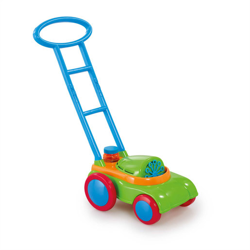 Brightly colored toy bubble mower in green, blue, and orange, featuring a tall handle, red wheels, and a bubble dispenser on top for outdoor fun.