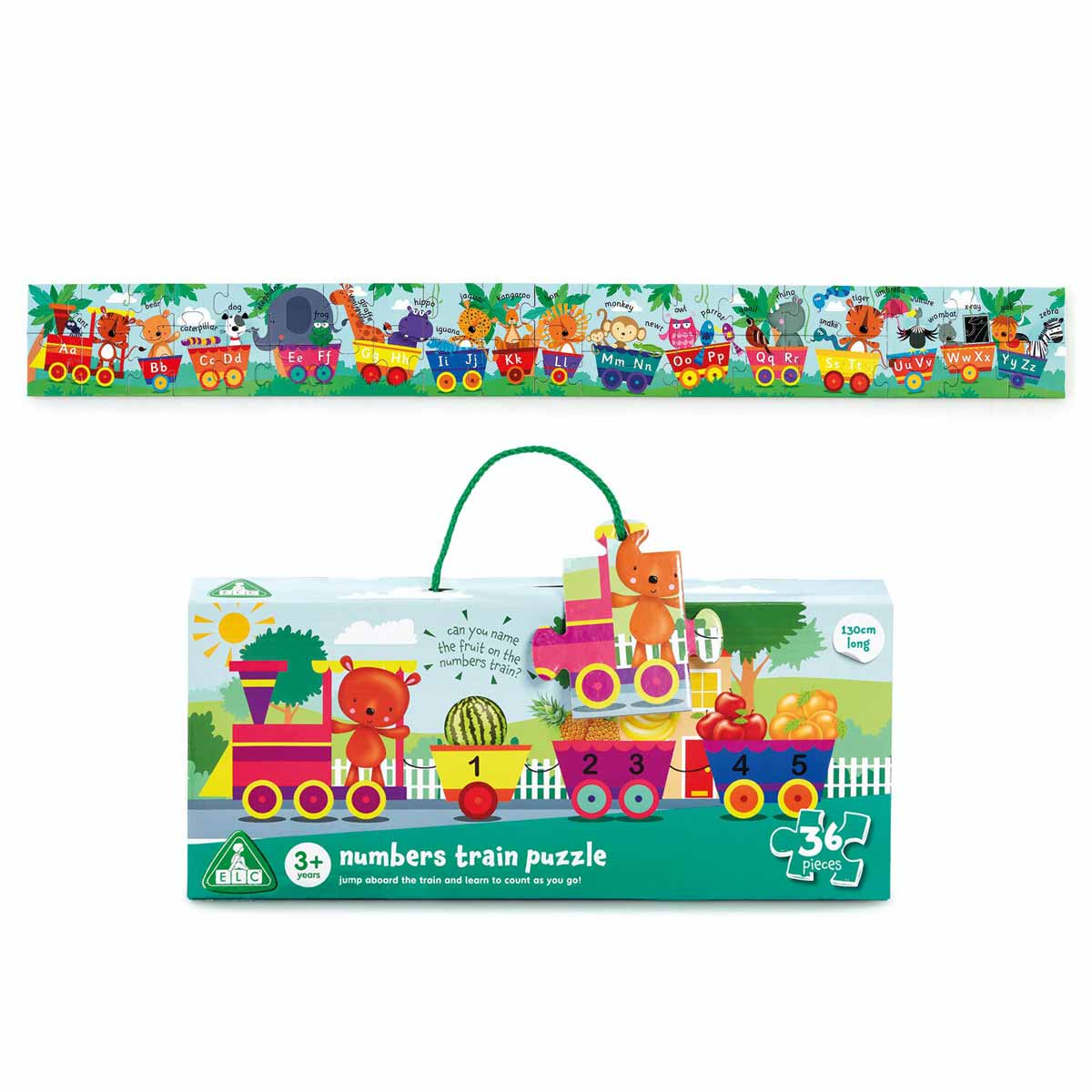 Colorful 36-piece puzzle featuring a train with animal characters, numbered pieces, and vibrant fruit designs, packaged in a sturdy box with a handle for easy carrying.