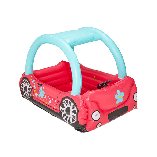 Bright pink inflatable racer car pool with a blue canopy, featuring flower designs and cartoon wheels, measuring 3.1 feet for early learning play.