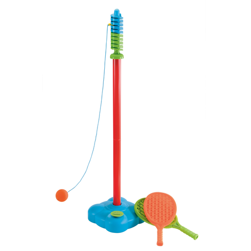 Brightly colored tennis set featuring a red vertical post with a green top, a blue base, a swinging orange ball, and two paddles in green and orange.