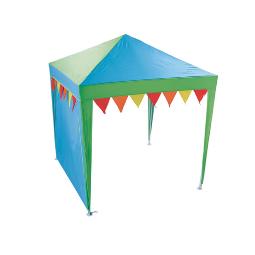Brightly colored UV gazebo featuring a blue top and green sides, adorned with colorful triangular bunting along the front, made from durable, weather-resistant material.