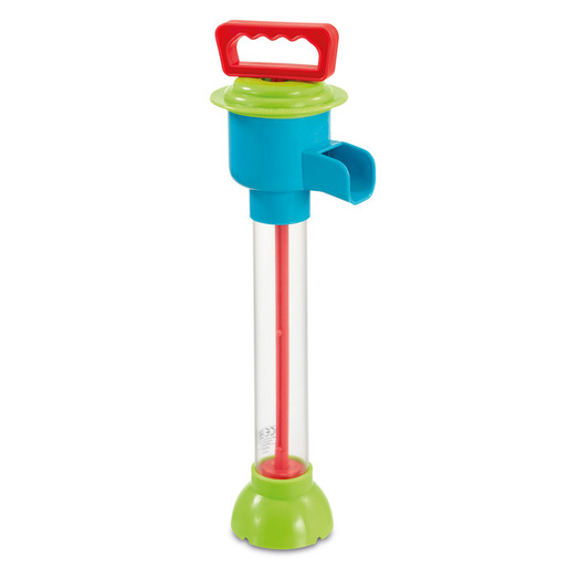 Brightly colored water pump featuring a red handle, blue body, green base, and a clear tube, designed for early learning and outdoor play.