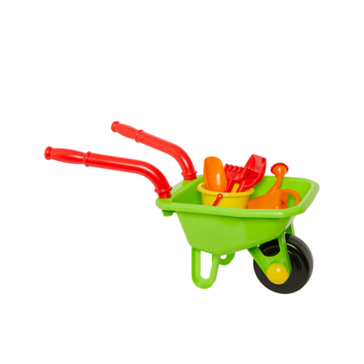 Bright green wheelbarrow with red handles, featuring a yellow bucket and assorted colorful gardening tools, ideal for early learning and outdoor play.