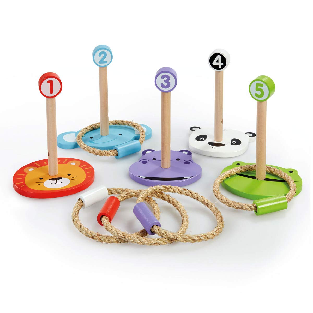 Colorful wooden ring throw set featuring five numbered posts with animal designs, including a lion, hippo, and panda, accompanied by three rope rings in various colors.