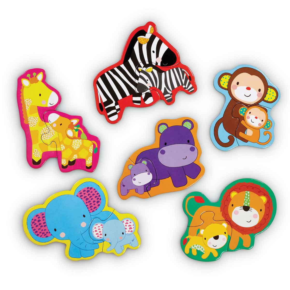 Colorful, chunky animal-shaped jigsaw puzzles featuring a zebra, giraffe, monkey, hippo, elephant, and lion, designed for early learning and play.