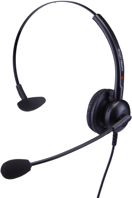 Black wired headset with a flexible boom microphone, padded earcup, and adjustable headband, designed for clear communication and comfort.