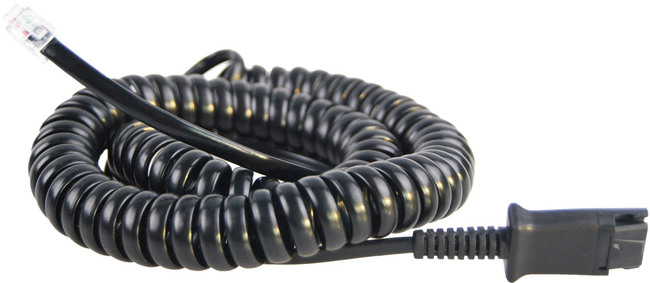 Coiled black accessory cable for Eartec headphones, featuring a clear connector at one end and a sturdy plug at the other, designed for reliable audio connections.