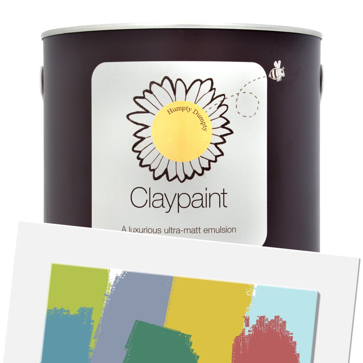Round tin of Earthborn Claypaint in a dark purple color, featuring a daisy logo and label, with swatches of various pastel colors below showcasing the paint's matte finish.