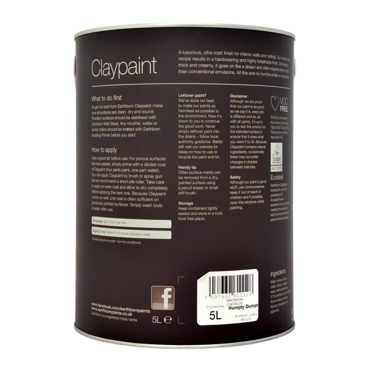 5L tin of Earthborn Claypaint in Humpty Dumpty color, featuring a matte finish, eco-friendly label, and instructions on the back for application and usage.