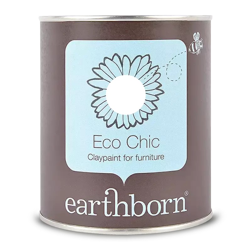 Brown paint canister labeled "Eco Chic" with a blue flower design, featuring "Fiddlesticks 750ml" and "Eco-Friendly Clay Paint for Furniture" text, emphasizing low-VOC and odourless properties.