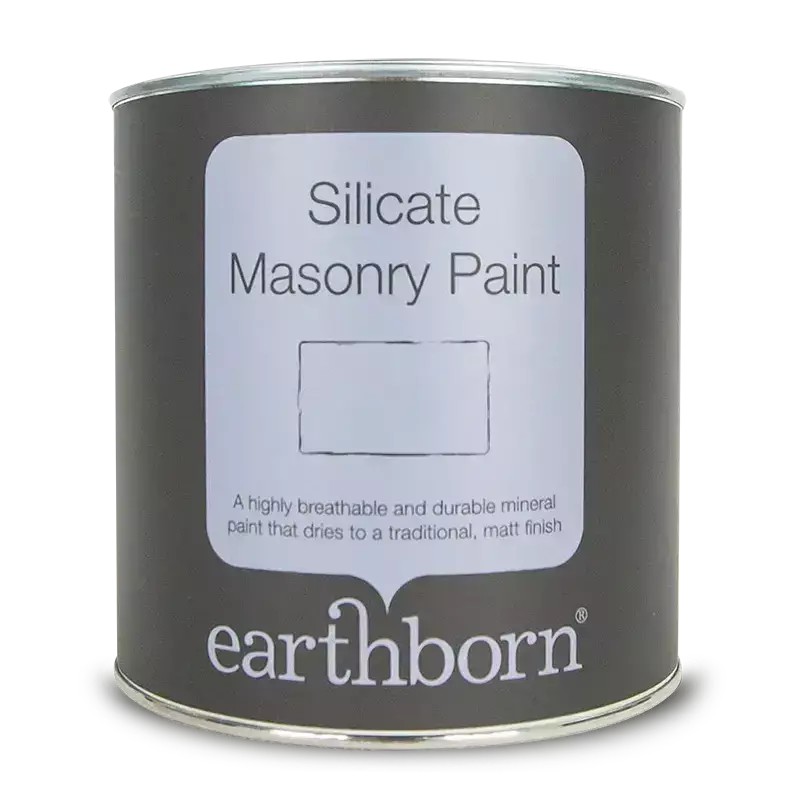 Earthborn Ecopro Silicate Masonry Paint in a 100ml tin, featuring a black label with a white panel, labeled "Silicate Masonry Paint," designed for exterior walls in a sandstone color.
