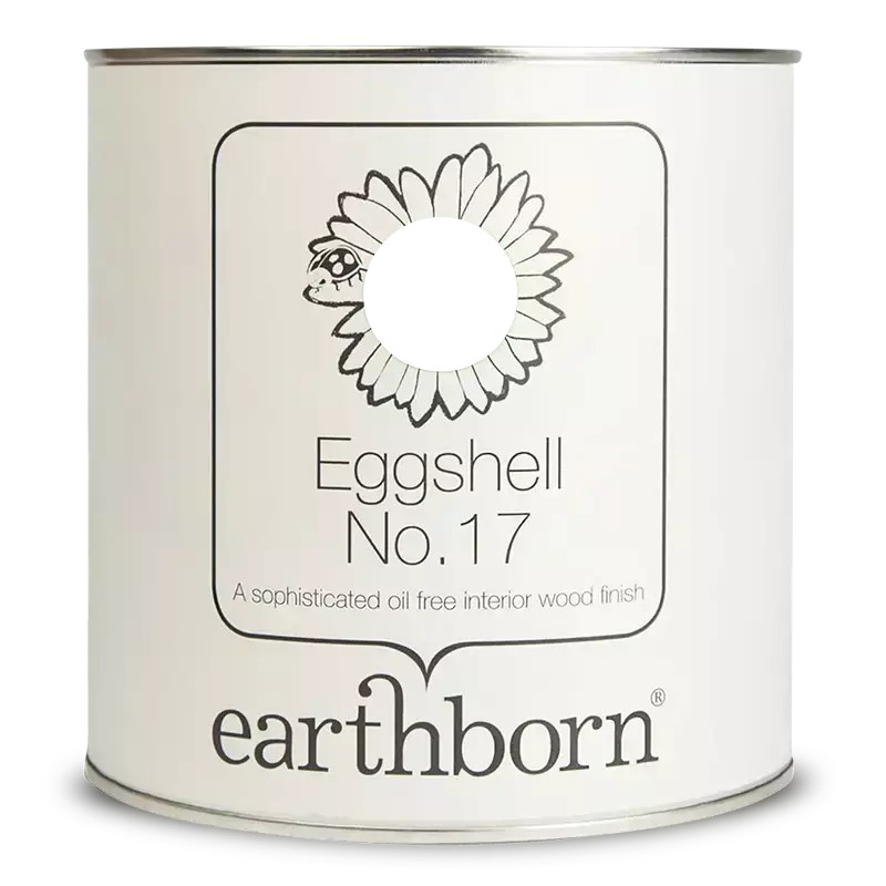 White paint can labeled "Eggshell No. 17" by Earthborn, featuring a sunflower graphic and text, highlighting its eco-friendly, low-VOC, and durable silk finish qualities.