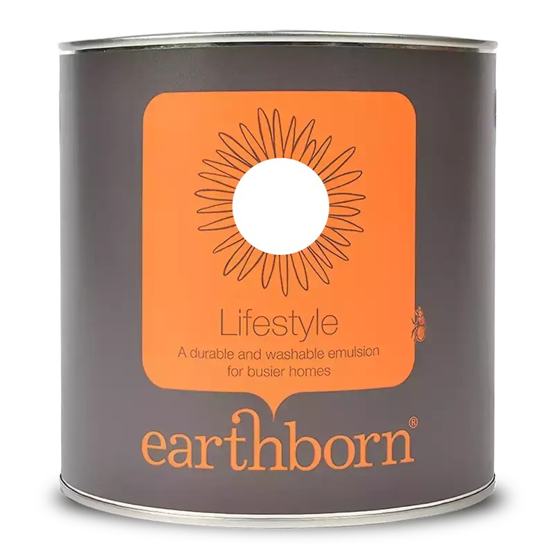 Round metal paint can with a dark gray exterior, featuring an orange label with a sunburst design, labeled "Earthborn Lifestyle" and "Lily Lily Rose 5L," indicating eco-friendly, washable emulsion paint.