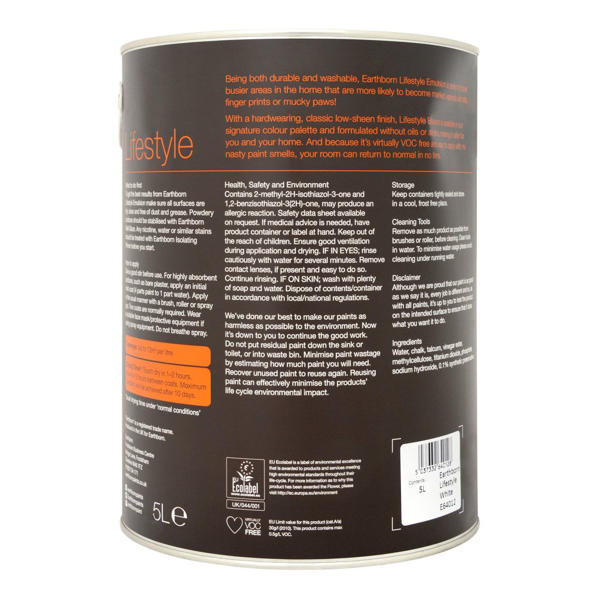 White 5L tin of Earthborn Lifestyle Emulsion Paint, featuring eco-friendly, breathable, matt finish for walls and ceilings, with detailed product information on the back.
