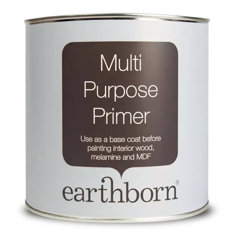 White metal canister labeled "Multi Purpose Primer" with a dark brown speech bubble design, highlighting eco-friendly and low-VOC features, suitable for wood and walls.