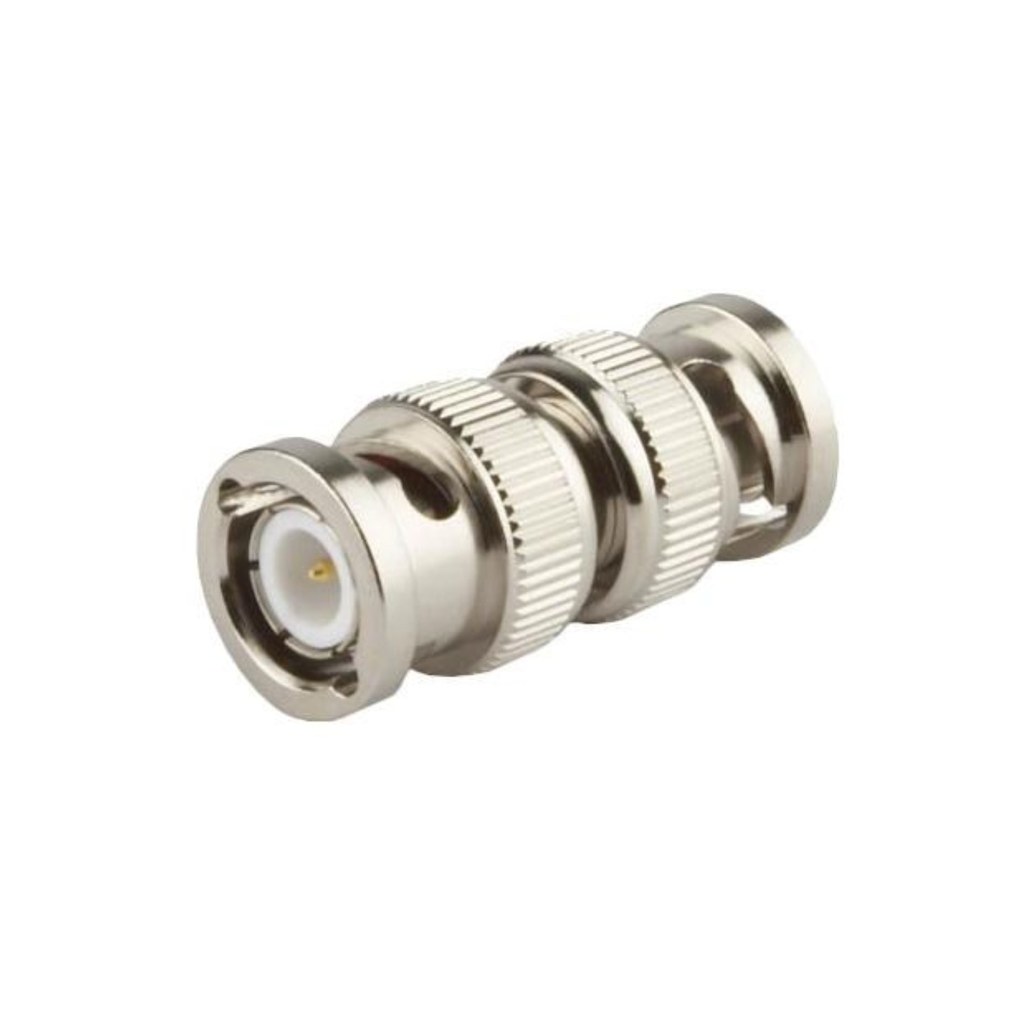 Silver metal Easy BNC male coupler with textured grip and circular connectors on both ends, designed for secure coaxial cable connections.