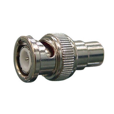 Silver metal RCA phono to BNC adaptor with a textured grip for easy handling, featuring a white ceramic insulator at the connection point.