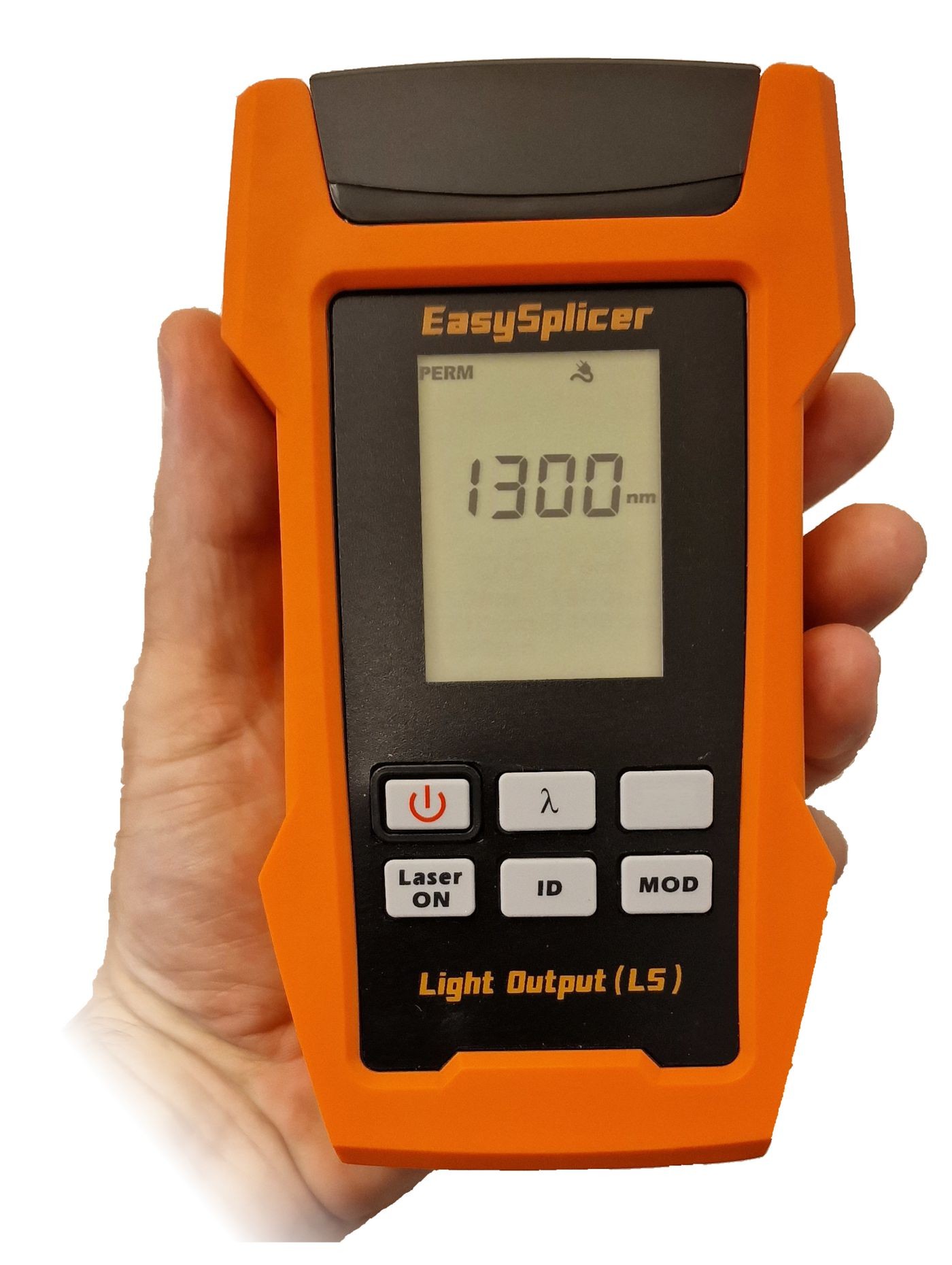 Handheld orange and black device with a large digital display showing "1300 nm," featuring buttons for laser activation and settings, designed for easy handling.