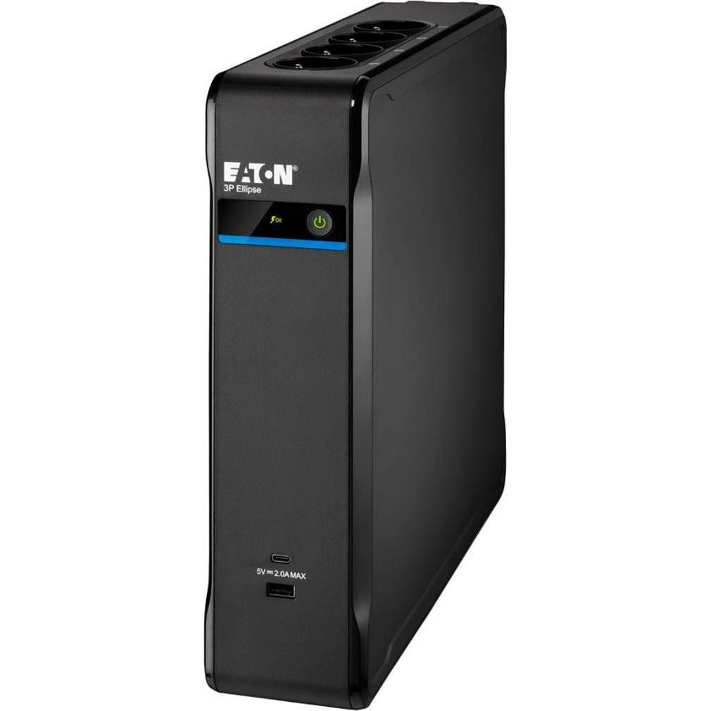 Eaton 3P Ellipse 1700 UPS in black, featuring multiple power outlets, a blue LED status indicator, and a compact design suitable for desktop use.