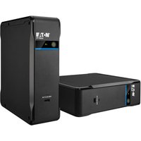 Black Eaton 3P900UI UPS with blue accent, 0.9 kVA, 540 W, featuring 4 AC outlets, vertical and horizontal views.