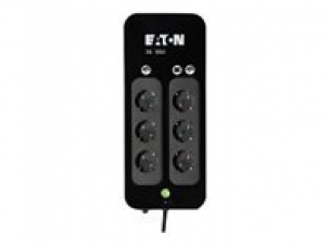Black power strip with six AC outlets, labeled controls, and a green indicator light, designed for compact use with a sleek, modern appearance.