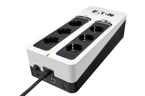 Eaton 3S550D UPS in sleek white and black design, featuring four outlets, a power button, USB port, and LED indicators for battery status and power.