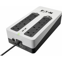 Black and white Eaton 3S700B UPS with 8 AC outlets and LED indicator on top.