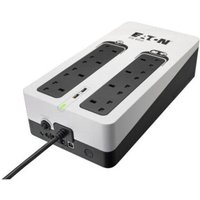 Eaton 3S850B UPS, black and white, 8 AC outlets, compact design, power cord attached.