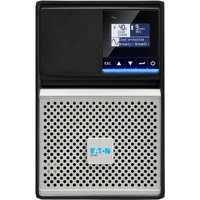 Black and silver Eaton UPS with LCD display, perforated front panel, and Eaton logo.