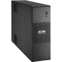Black Eaton UPS with vented front panel, power button, and 8 AC outlets, compact tower design.
