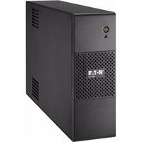 Black Eaton UPS with vented front panel, power button, and logo, featuring 8 AC outlets on the back.