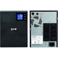 Black Eaton UPS with LCD display, vented front panel, and multiple rear outlets with cooling fan.