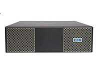 Black rack-mounted battery expansion module with a sleek design, featuring ventilation grilles on the front and a blue Eaton logo, designed for 8000 VA capacity.
