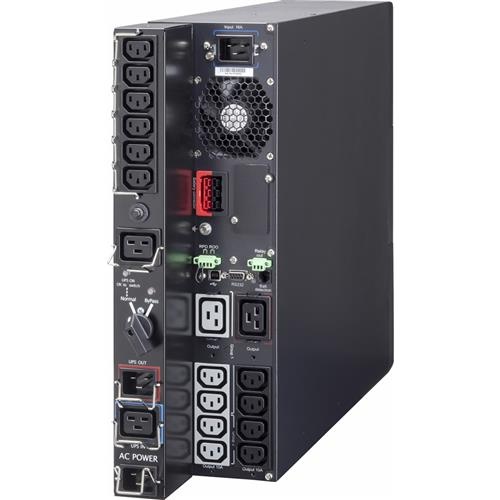 Eaton 9PX3000IRTBPBS UPS in black, featuring multiple AC outlets, a cooling fan, and indicator lights, designed for double-conversion power protection.