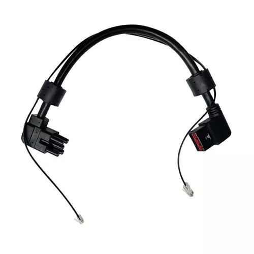 Black cable with multiple connectors, featuring a right-angle plug and a straight connector, designed as an accessory for Eaton UPS systems.