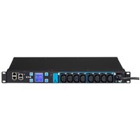 Black Eaton PDU with 8 AC outlets, 1U rack mount, digital display, and USB ports.