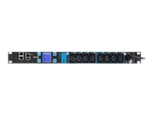 Eaton ESWH28 Power Distribution Unit in black, featuring 8 AC outlets, 1U rackmount design, and blue accents for easy identification of ports.