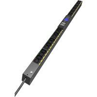 Black Eaton EVMAFC20A PDU with 24 AC outlets, 22.5U size, slim rectangular design, digital display, and power cord.